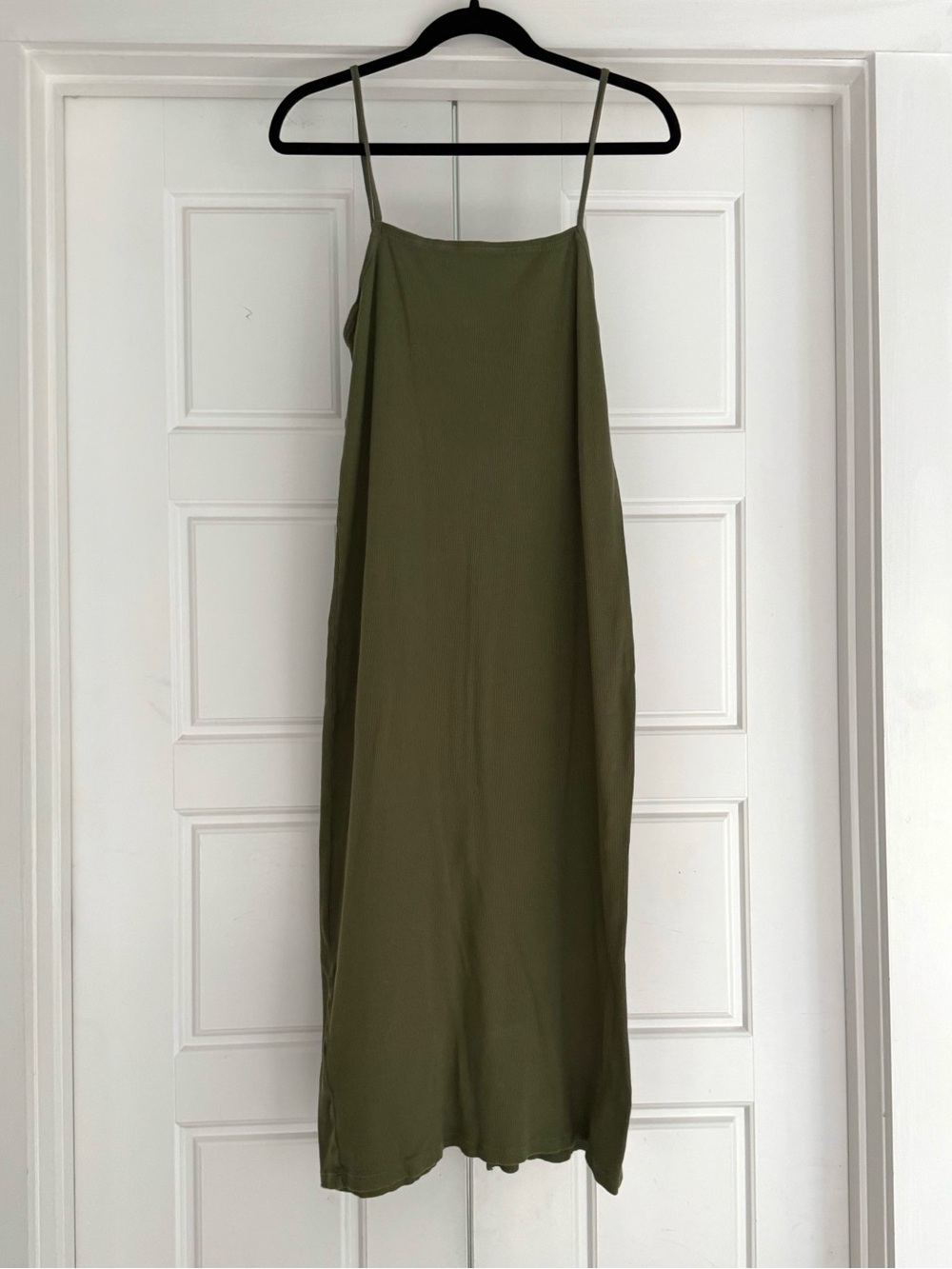Calvin Klein Olive Green Midi Ribbed Cotton Slip Dress - S/M